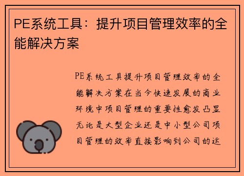 PE系统工具：提升项目管理效率的全能解决方案